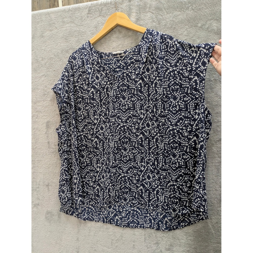 Boho V-Neck Blouse Womens 3X Navy Blue White Abstract Print Top